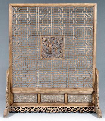 Appraisal: Chinese wood screen square openwork panel with central medallion of