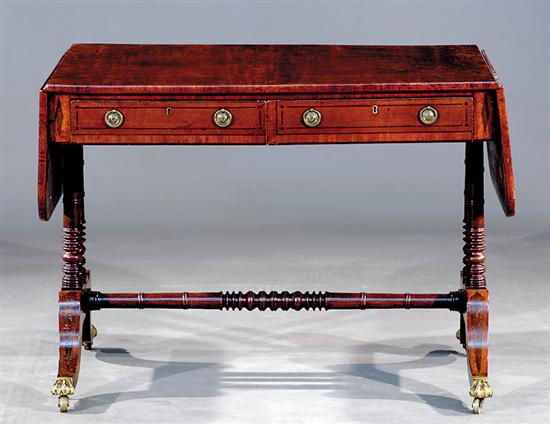 Appraisal: Regency inlaid mahogany sofa table circa rectangular top with drop