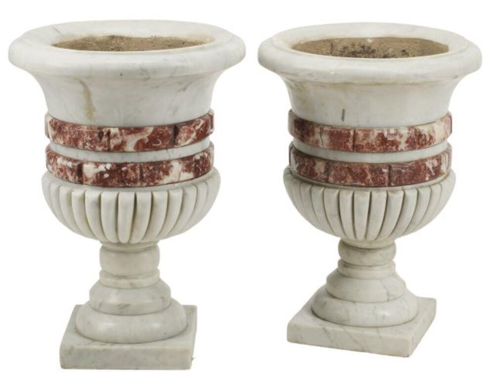 Appraisal: ITALIANATE RED WHITE MARBLE URNS pair Italianate red and white