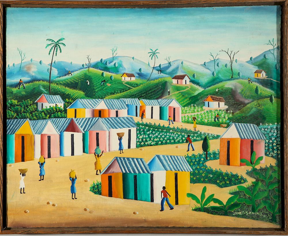 Appraisal: Janet Sanon Haitian Village Scene Oil on Canvas Janet Sanon