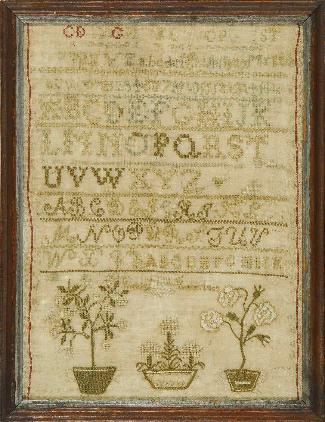 Appraisal: FRAMED NEEDLEWORK SAMPLEREarly th CenturyE Robertson'' with three alphabets surrounded