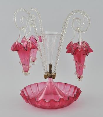 Appraisal: A Cranberry Glass Epergne Cranberry glass base with ruffle edge