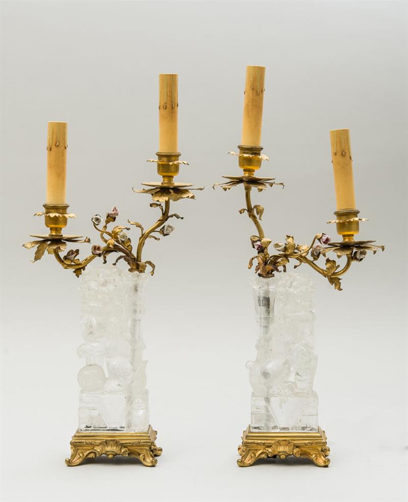 Appraisal: PAIR OF LOUIS XV STYLE PORCELAIN-MOUNTED GILT-BRONZE TWO-LIGHT CANDELABRA ON