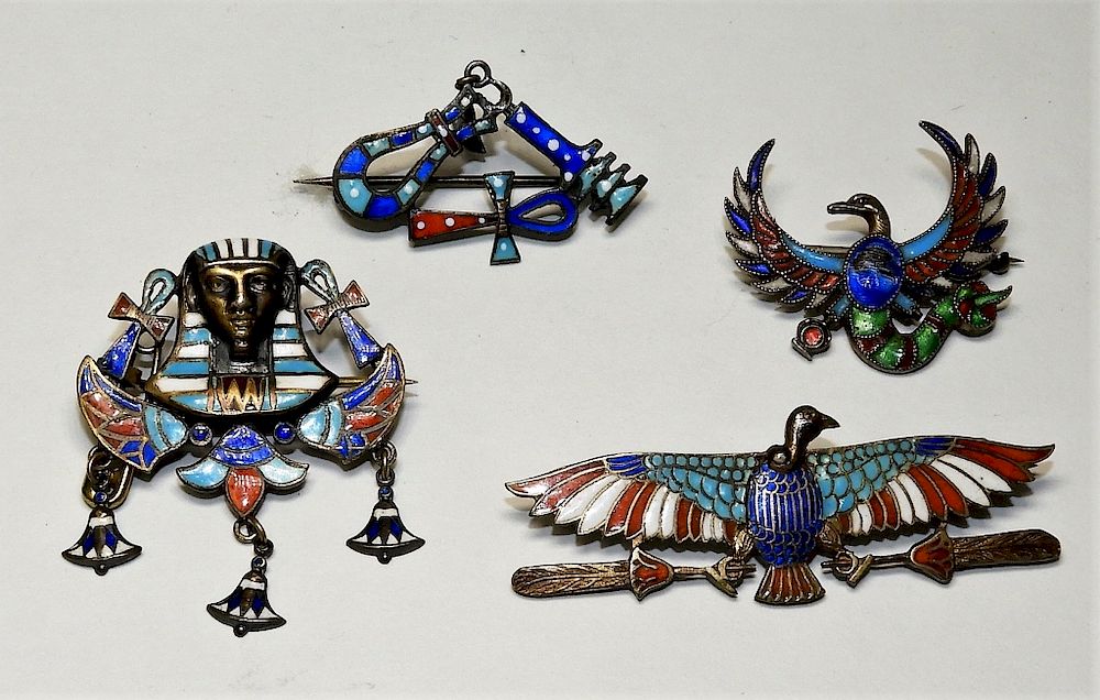 Appraisal: FINE Silver Egyptian Revival Enamel Jewelry France th- th Century