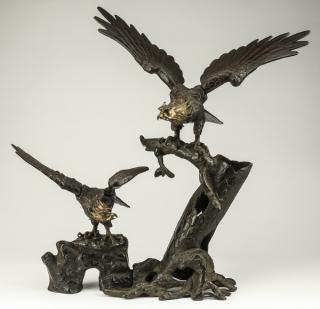 Appraisal: Japanese bronze cast iron eagle sculpture h Japanese bronze and