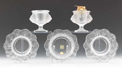 Appraisal: Five Smoker's Accessories by Lalique Heavy clear and frosted glass