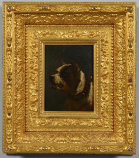 Appraisal: Dog Portrait Oil on panel portrait of a Boxer with