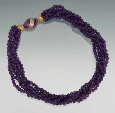 Appraisal: A Carved Amethyst Torsade Necklace ca k yellow gold clasp