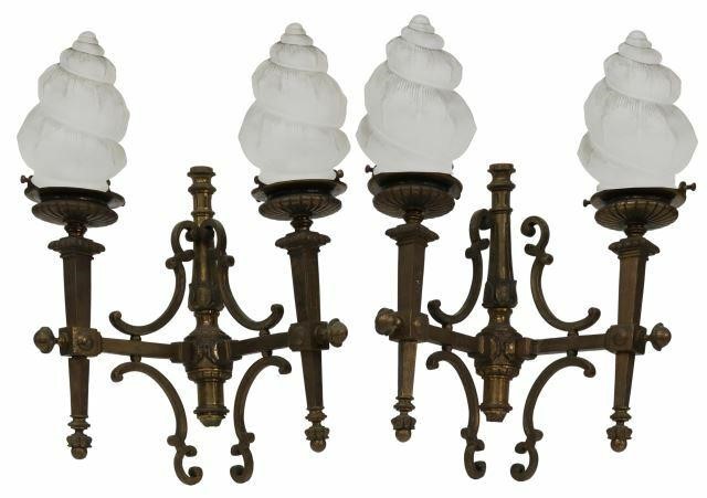 Appraisal: pair French brass two-light sconces early th c scroll bracketed