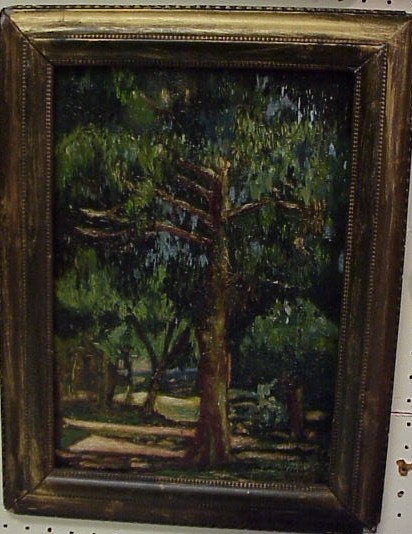 Appraisal: Oil on wood panel highly textured impressionistic shady landscape with