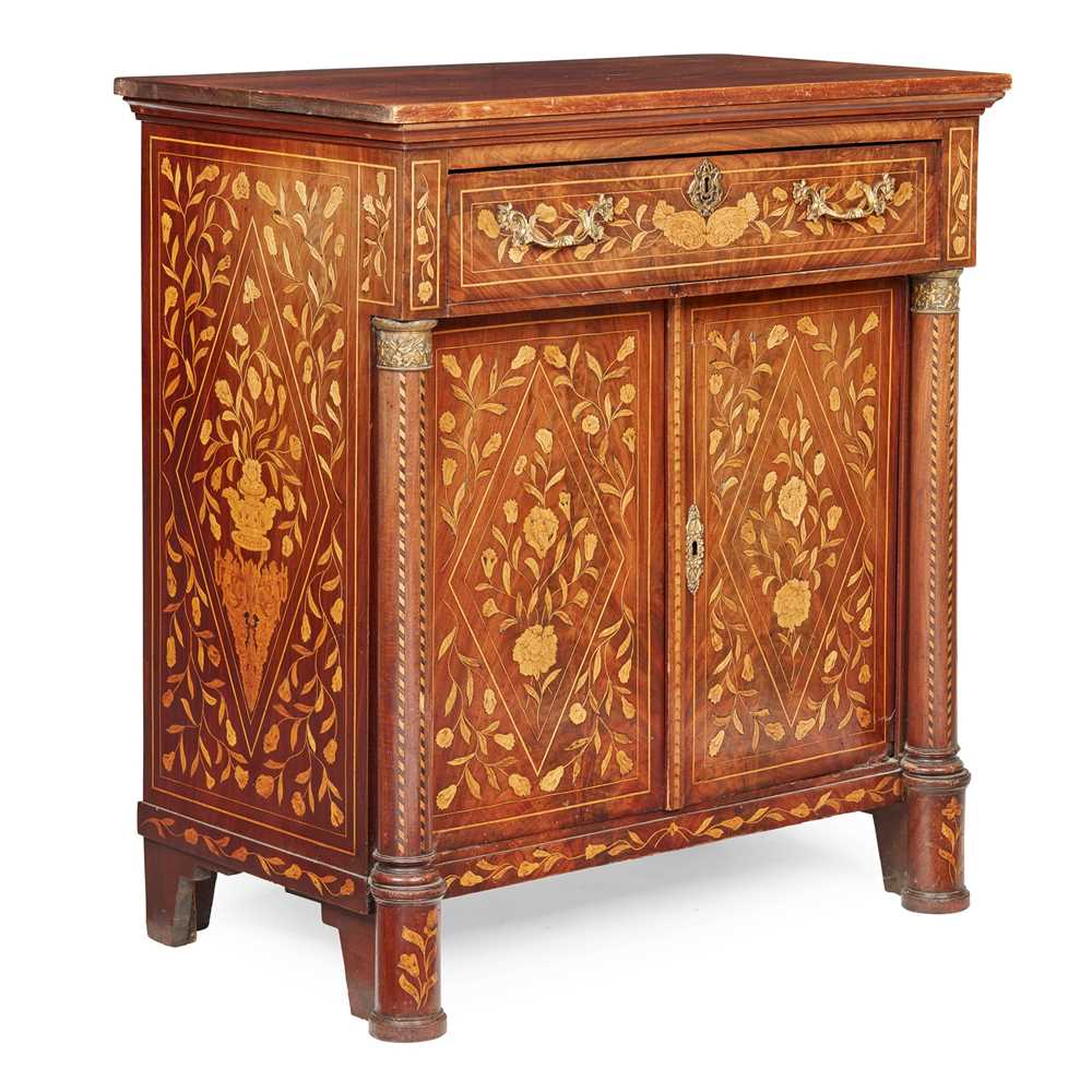 Appraisal: DUTCH MAHOGANY AND MARQUETRY SIDE CABINET TH CENTURY the rectangular