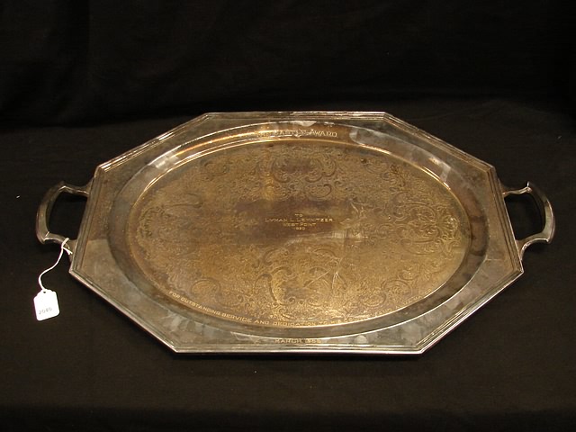 Appraisal: Silver-plate presentation tray with presentation The Castle Award To Lyman