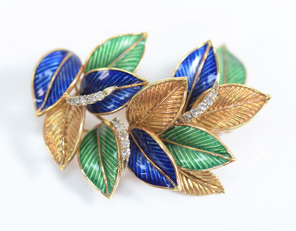 Appraisal: Karat Gold Brooch in form of leaves enameled green blue