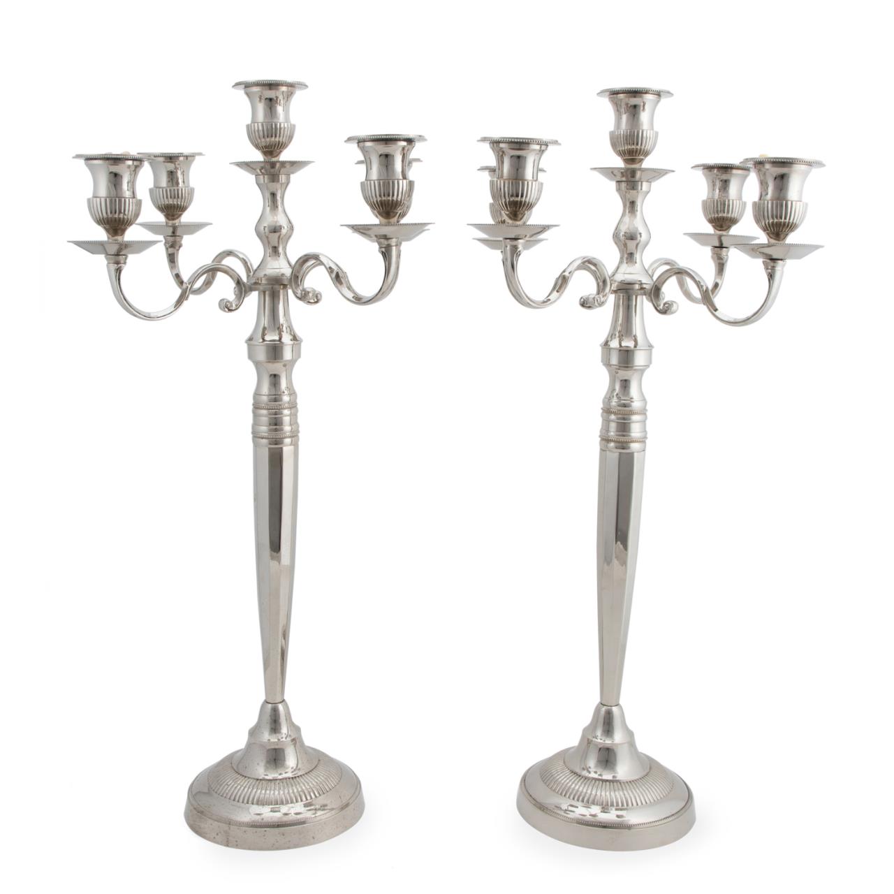 Appraisal: PAIR OVERSIZED FIVE-LIGHT SILVERPLATE CANDELABRA Indian pair of oversized five-light