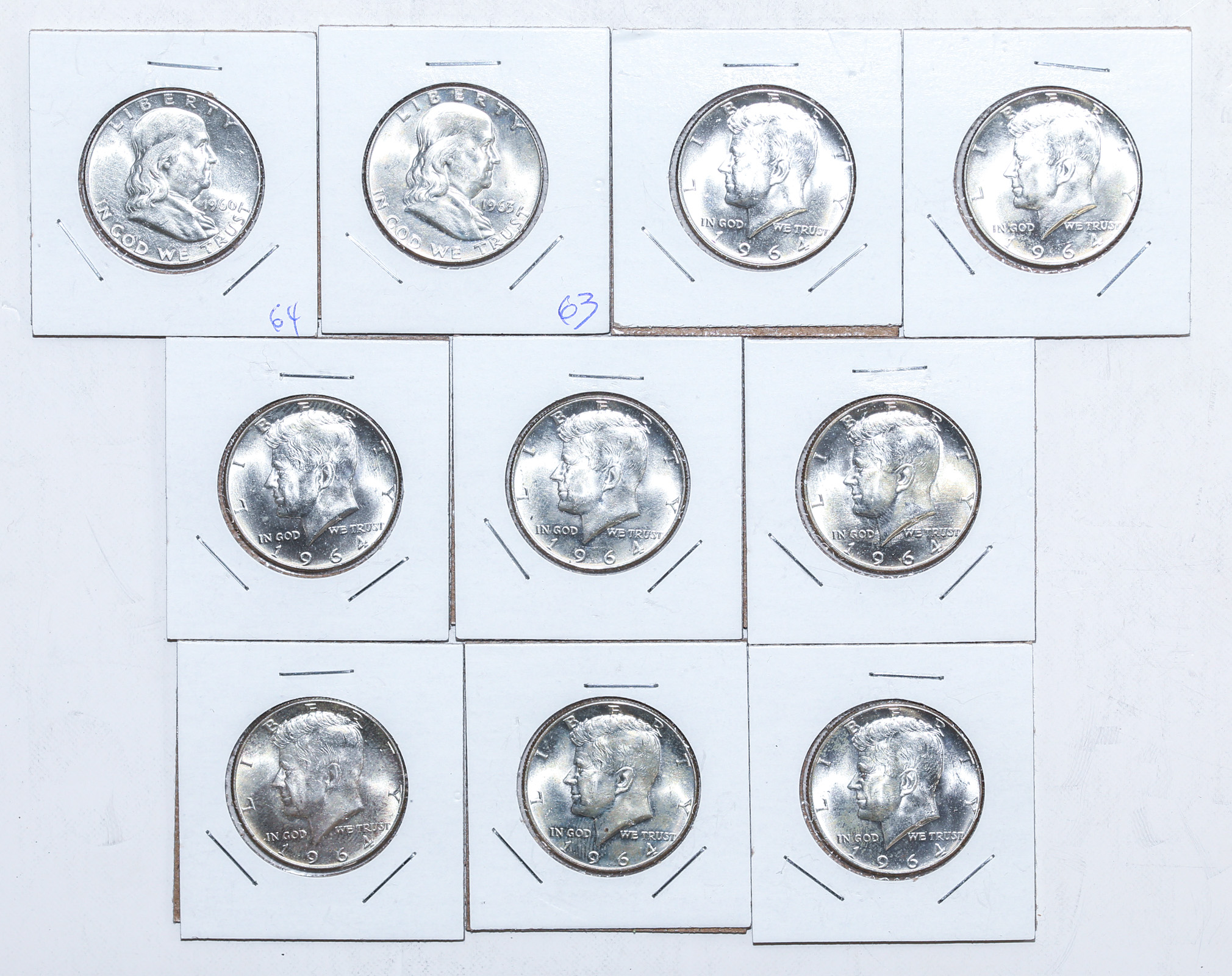 Appraisal: BU SILVER HALVES JFK FRANKLINS Eight JFK MS - and