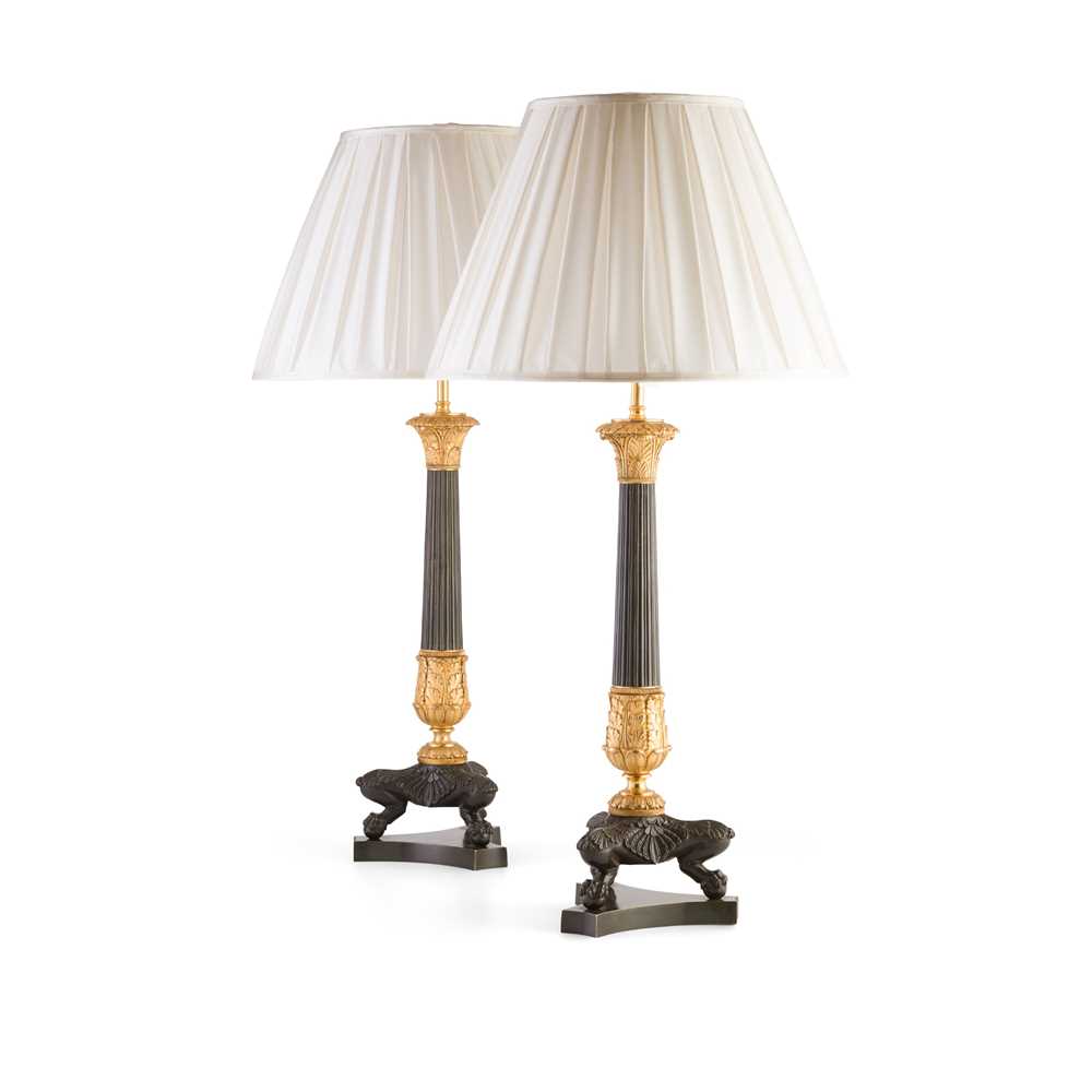 Appraisal: PAIR OF LARGE REGENCY PATINATED AND GILT BRONZE LAMPS EARLY