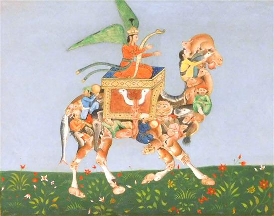 Appraisal: Indo-Persian illumination mixed media winged figure playing harp and riding