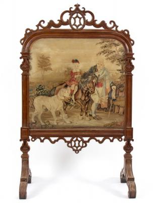 Appraisal: A Victorian walnut framed fire screen the pierced scrolling crest