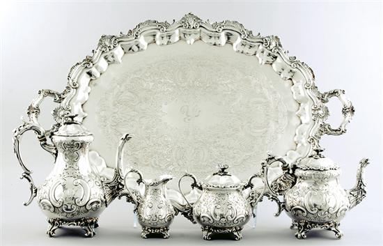 Appraisal: English silverplate tea and coffee service with tray ornate Regency