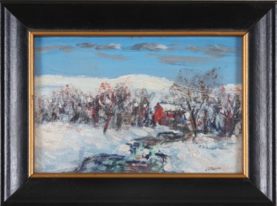 Appraisal: Miniature winter landscape with creek and red house oil on