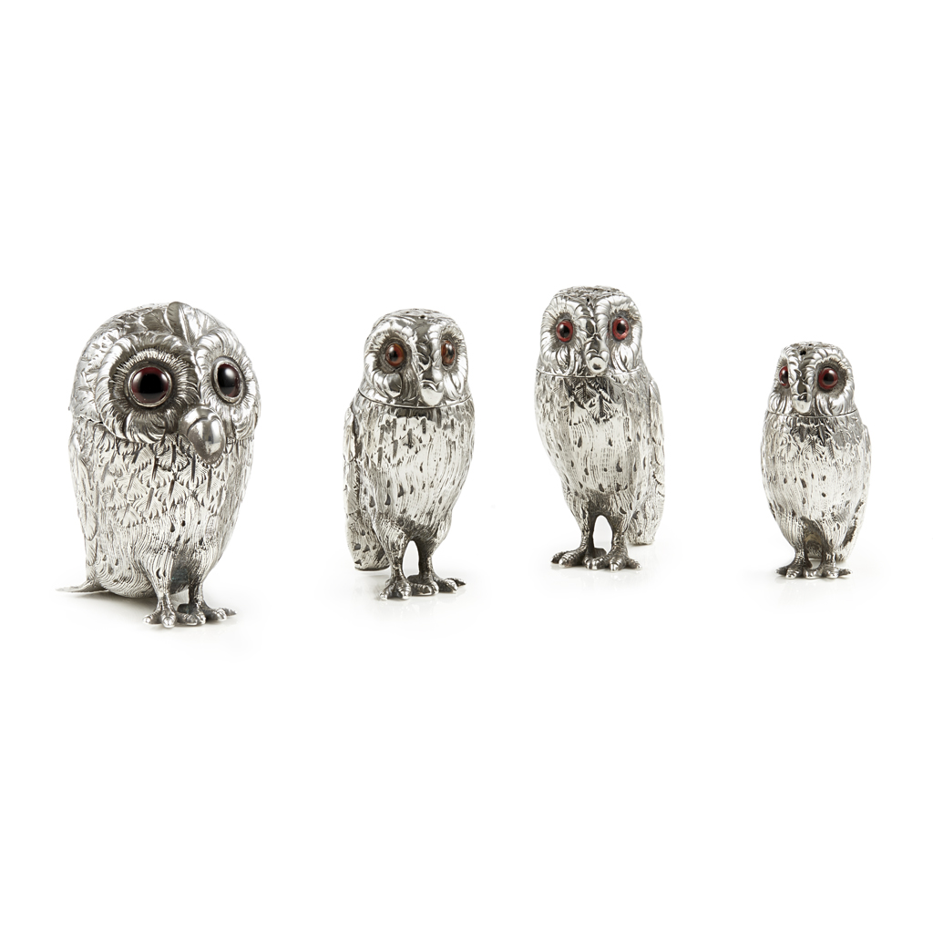 Appraisal: A matched set of Victorian Owl condiments Richards and Brown