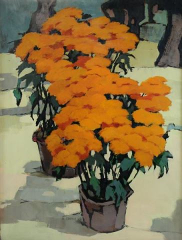 Appraisal: LESSER Mimi Korach Oil on Masonite Flower Pots Signed lower