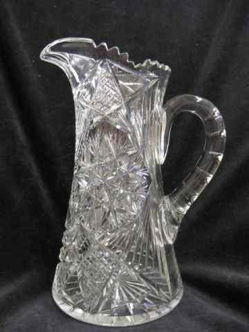 Appraisal: Cut Glass Water Pitcher feathered star cross-hatching design ''