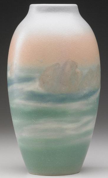 Appraisal: ROOKWOOD Unusual Scenic Vellum vase by E T Hurley with