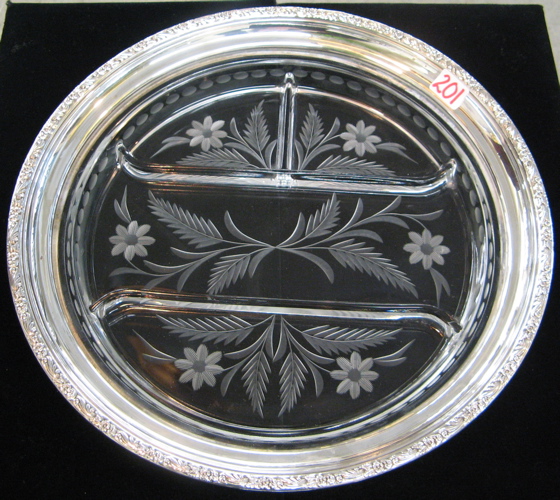 Appraisal: A STERLING SILVER AND ENGRAVED CRYSTAL SERVING PLATTER The wide