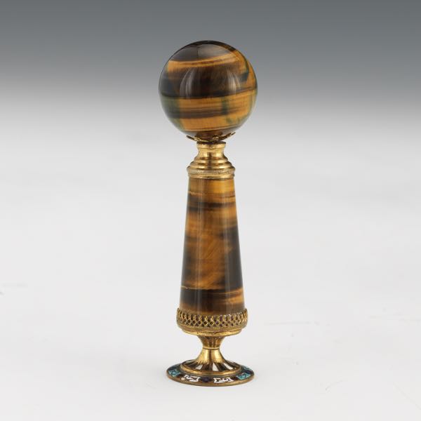 Appraisal: CARVED TIGER EYE BRONZE AND CHAMPLEVE ENAMEL WAX SEAL STAMP