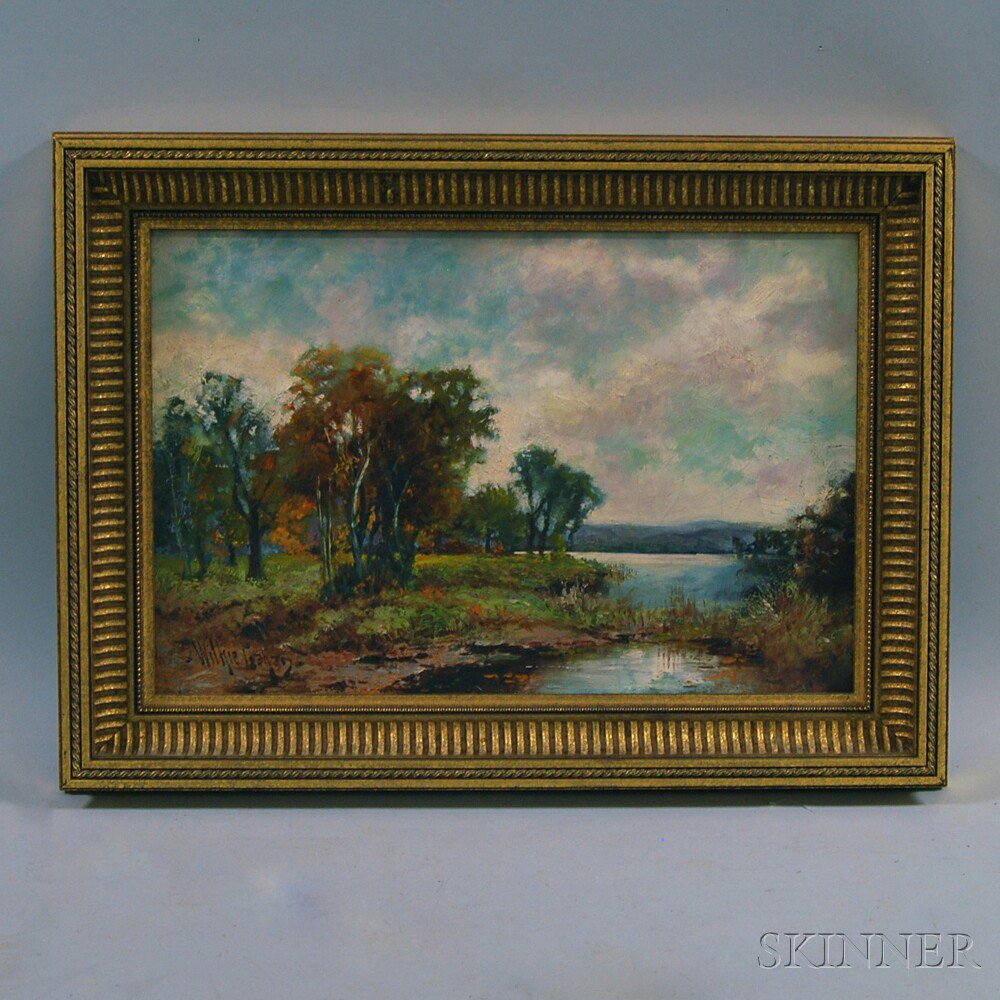 Appraisal: American School th Century Landscape with Lake Signed indistinctly l