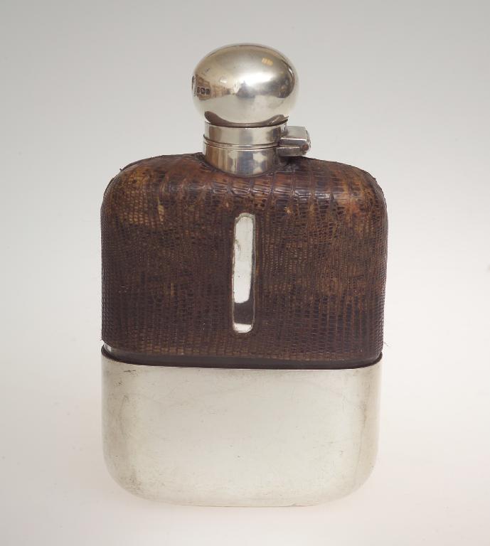 Appraisal: EDWARDIAN SILVER-MOUNTED LIZARD AND GLASS HIP FLASK SHEFFIELD retailers stamp