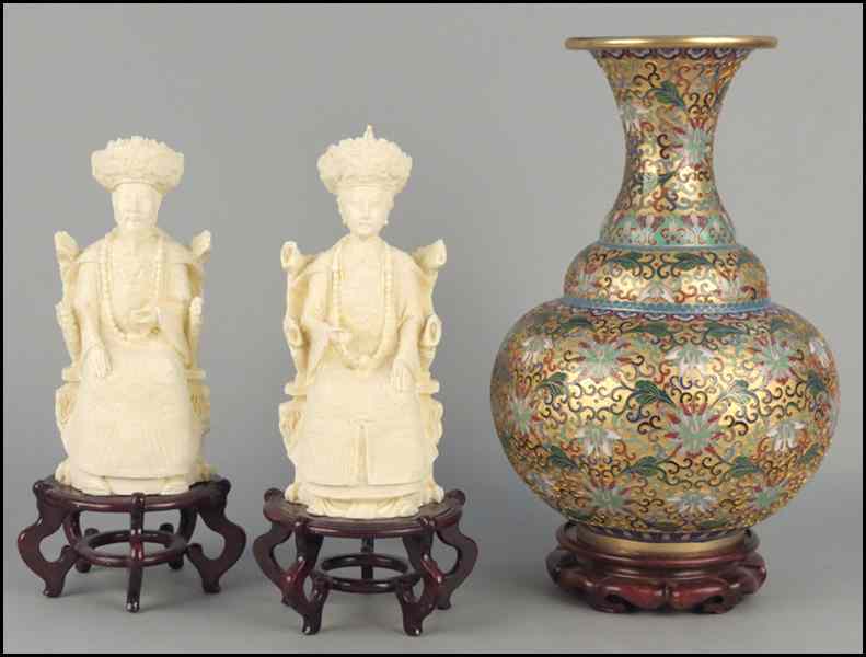 Appraisal: CLOISONNE VASE Together with two resin cast imperial seated figures