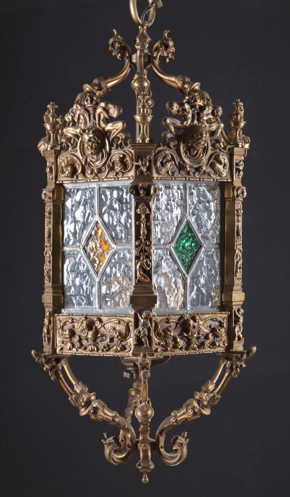 Appraisal: English Bronze and Leaded Glass Hall Lantern c hexagonal form