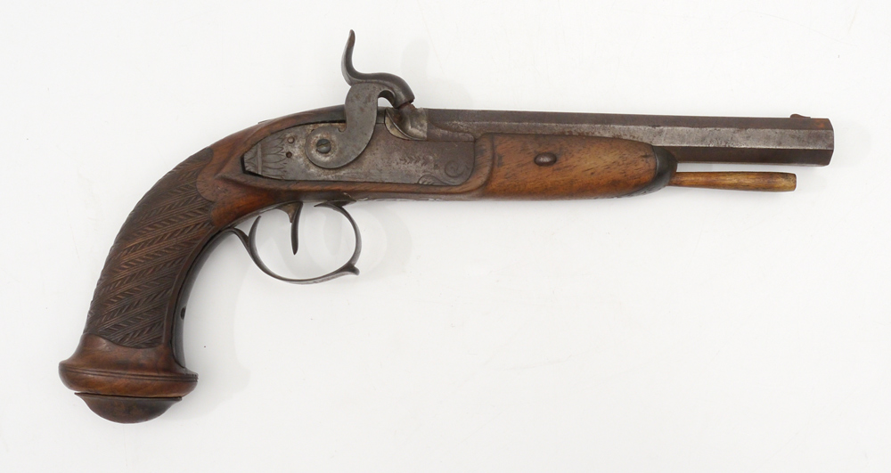 Appraisal: CONTINENTAL CARVED STOCK PERCUSSION PISTOL '' smoothbore octagonal barrel unmarked