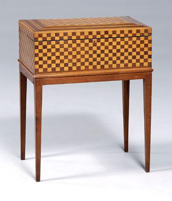 Appraisal: Satinwood inlaid lady s sewing box checkerboard satinwood and mahogany