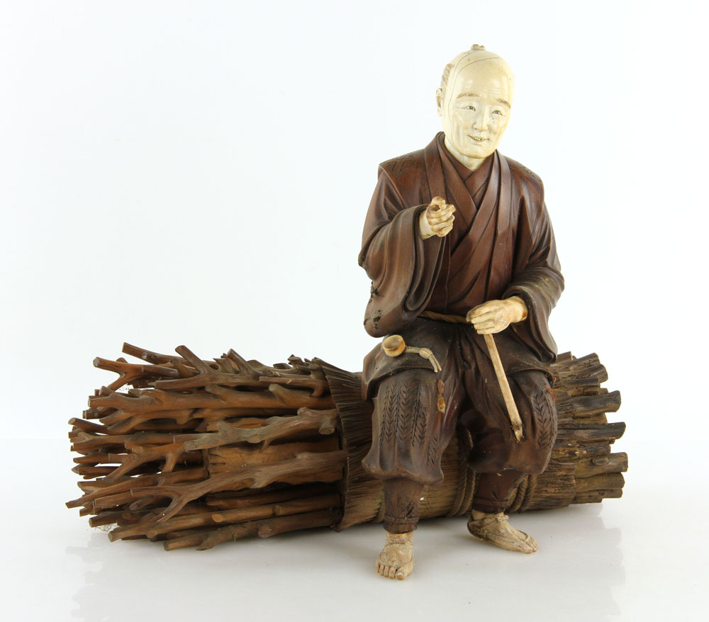 Appraisal: - Japanese Carved Wood Figure of Gatherer Japanese carved figure