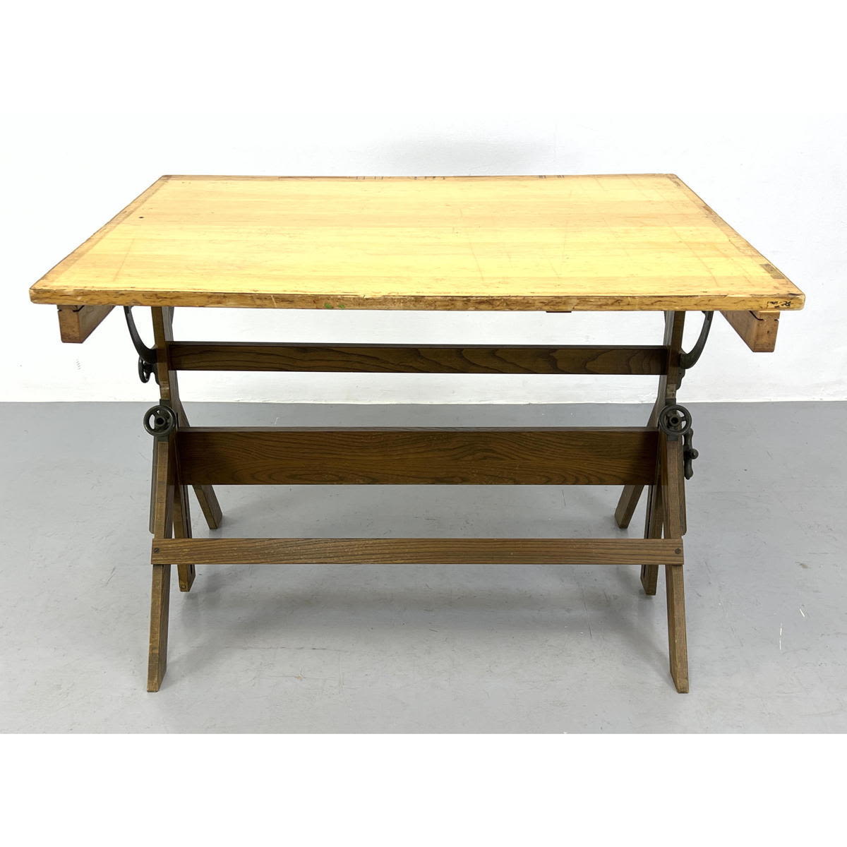 Appraisal: DIETZGEN Vintage Oak Base Drafting Table Adjustable Top Industrial Label