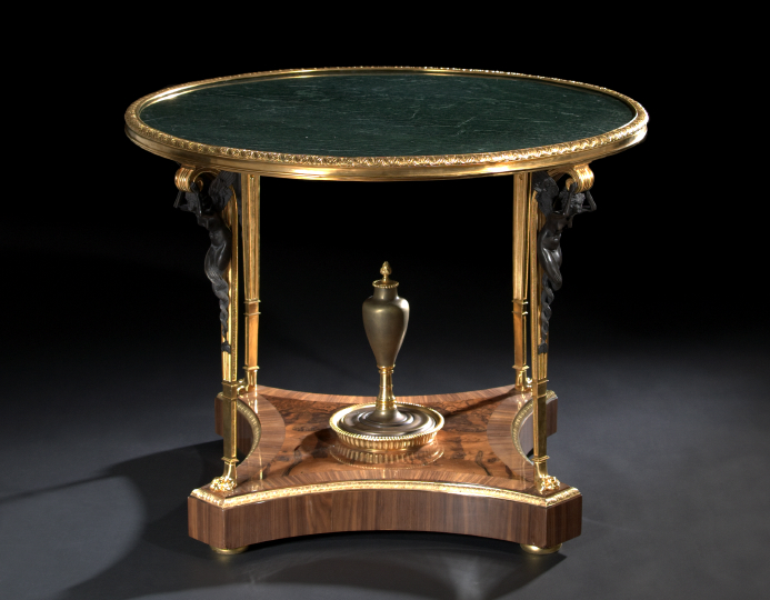 Appraisal: Empire-Style Ormolu-Mounted Mahogany Burlwood and Marble-Top Center Table the circular