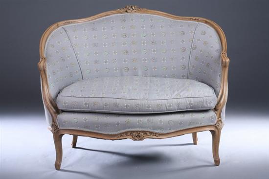 Appraisal: LOUIS XV STYLE FRUITWOOD PETITE CANAPE th century with grey