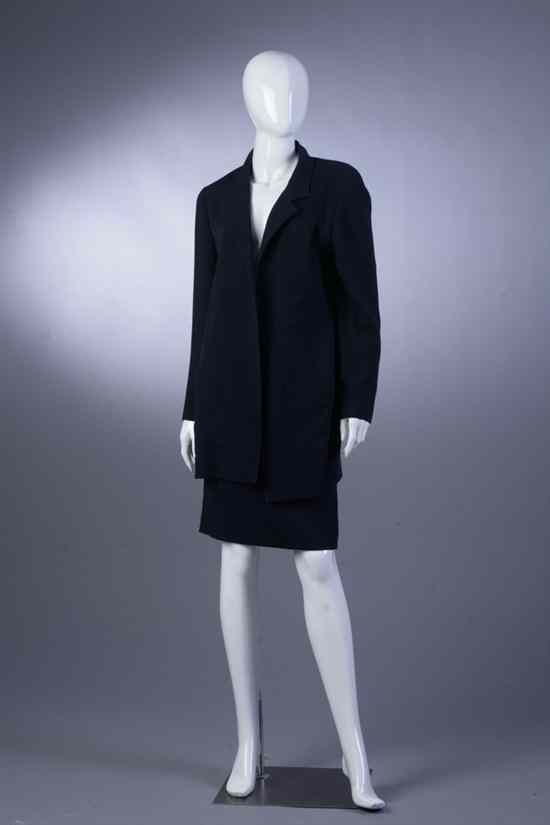 Appraisal: CHANEL NAVY WOOL SUIT Size Long open-style jacket pencil knee-length