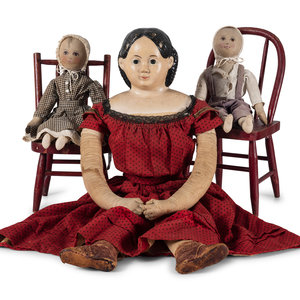 Appraisal: Two Red Painted Wood Child s Chairs with Dolls th