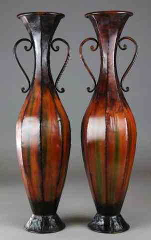 Appraisal: Pr Bronzed Finished Metaled UrnsOf elongated pear shape with two