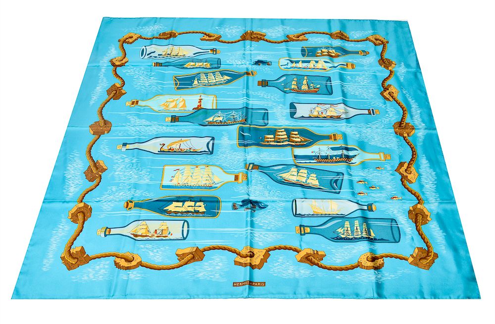 Appraisal: Hermes Ship in a Bottle Silk Scarf Hermes silk scarf