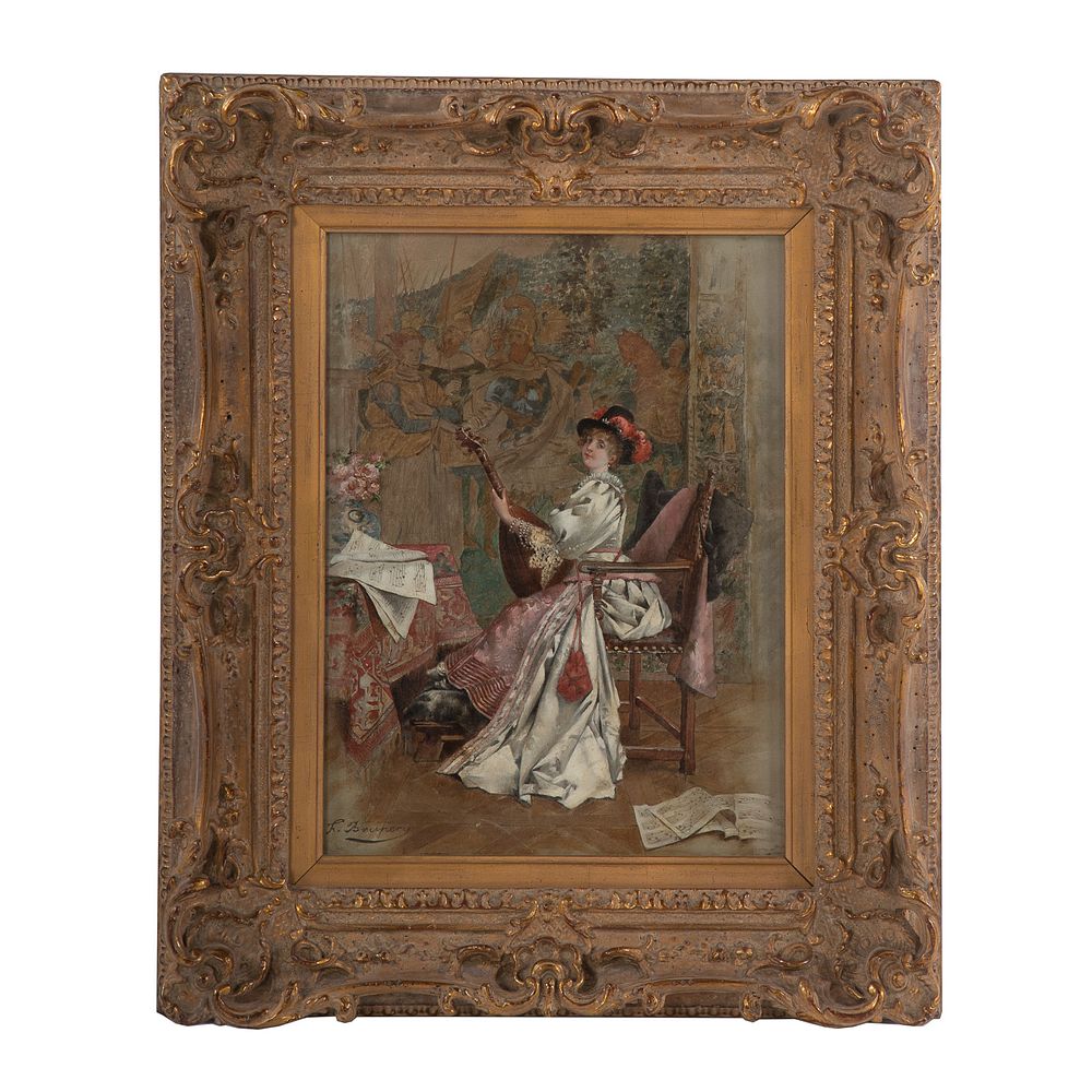 Appraisal: Francois Brunery Woman With Lute oil on panel French -