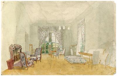 Appraisal: th century Viennese watercolor room interior with view through French