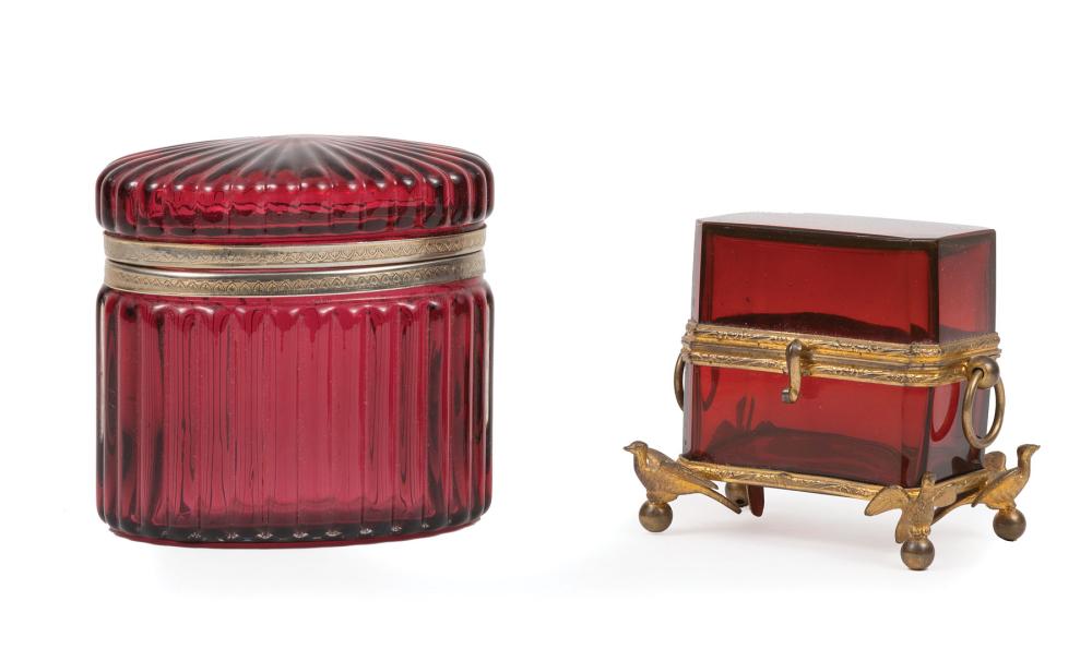 Appraisal: Two French Brass-Mounted Cranberry Glass Dresser Boxes c hinged lids