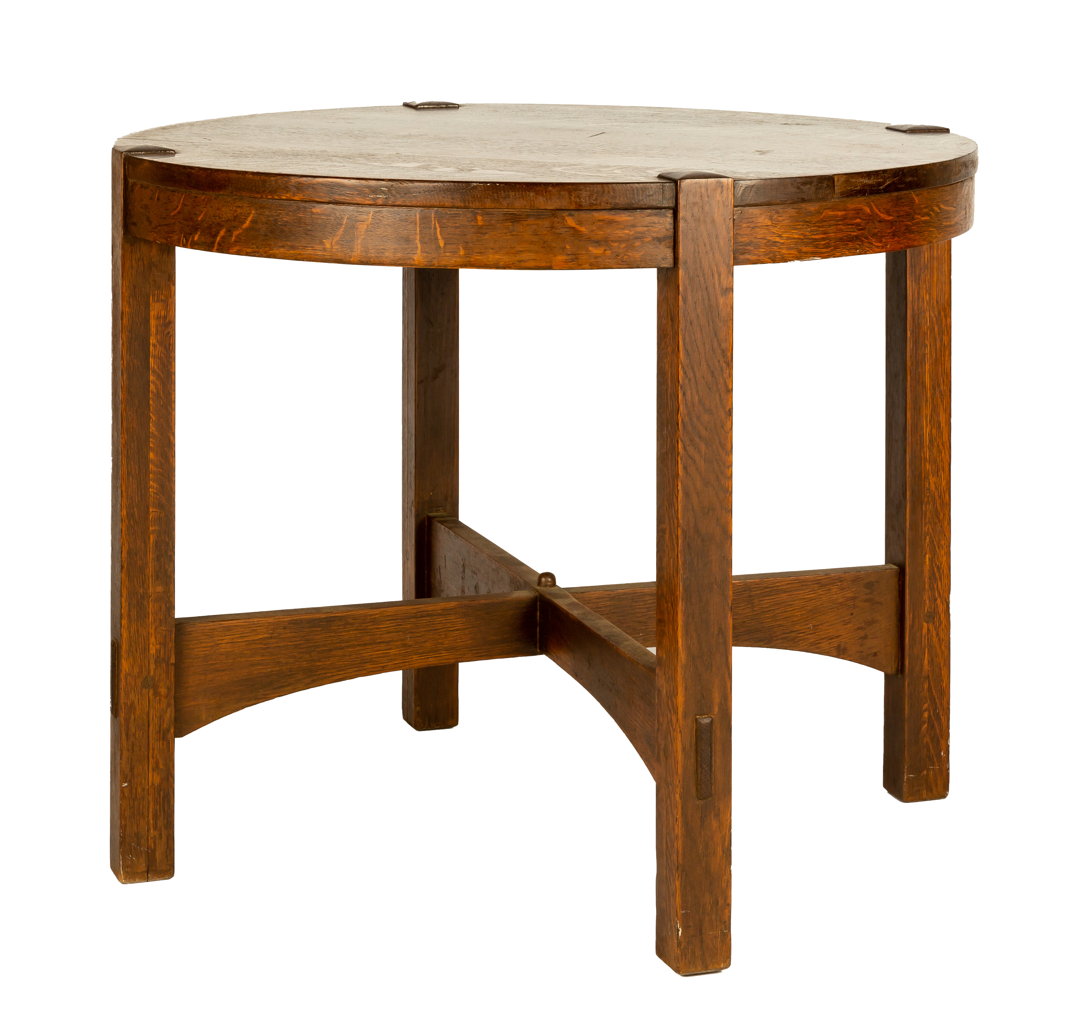 Appraisal: ATTRIBUTED TO GUSTAV STICKLEY ROUND OAK TABLE quarter sawn oak