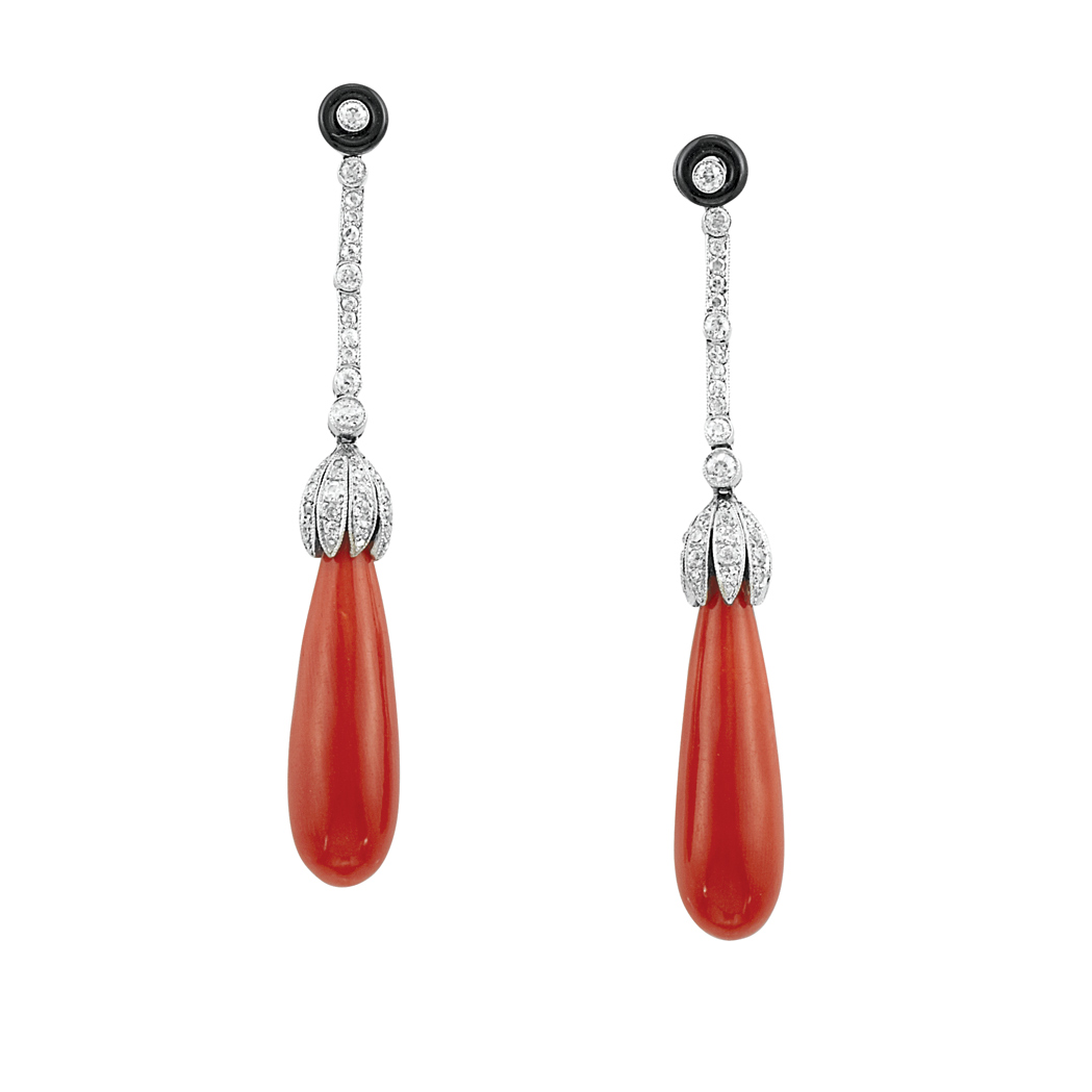 Appraisal: Pair of Platinum Coral Diamond and Black Enamel Pendant-Earrings Topped