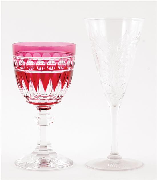 Appraisal: Etched and cut-crystal stems set of ruby cut-to-clear goblets H